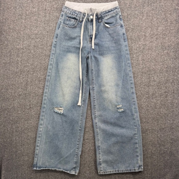 SHEIN Other - SHEIN Girls Wide Leg Distressed Denim Jeans Light Wash Drawstring Waist Size 14Y